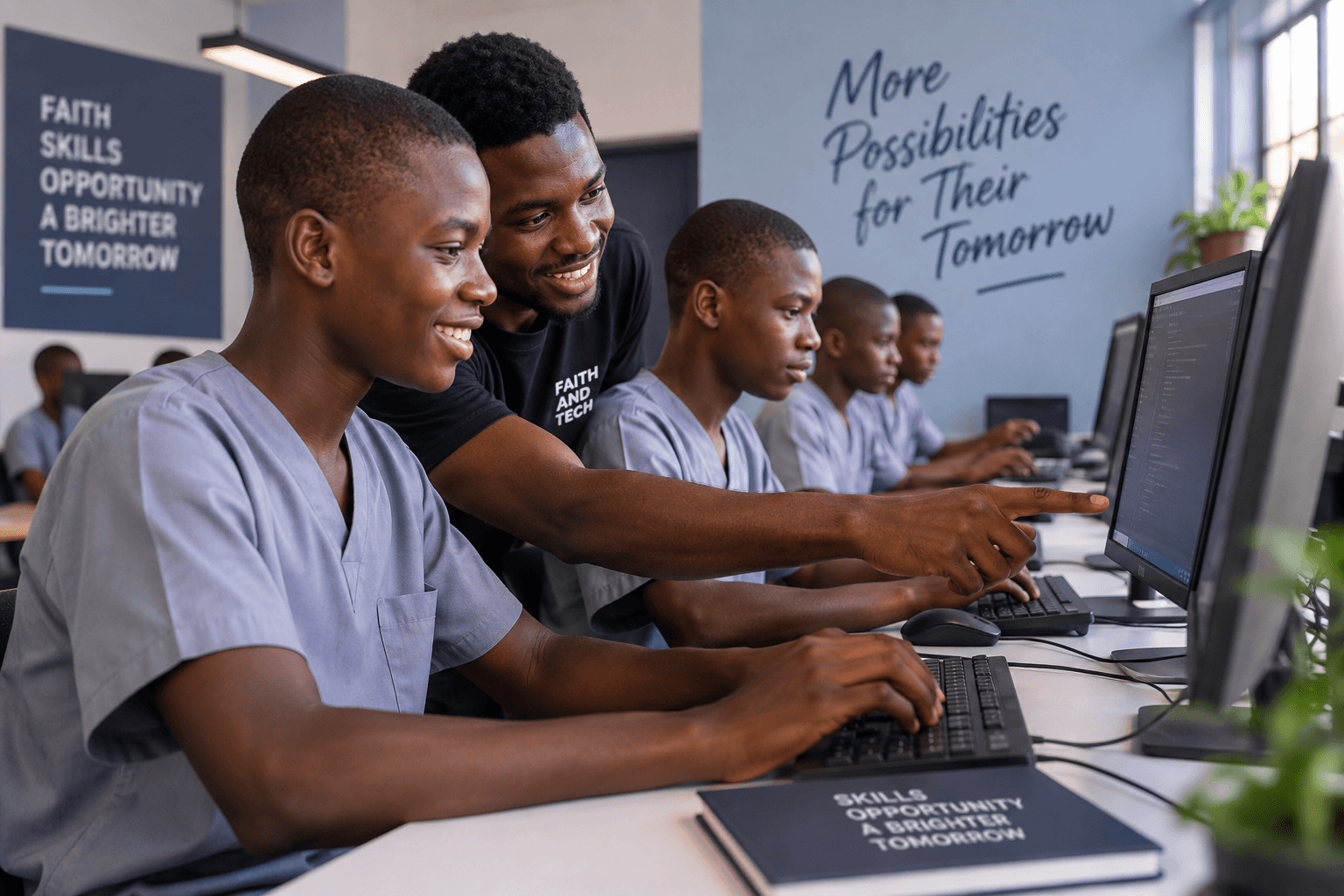 A Faith and Tech volunteer guiding boys at the Remand Home through hands-on computer training